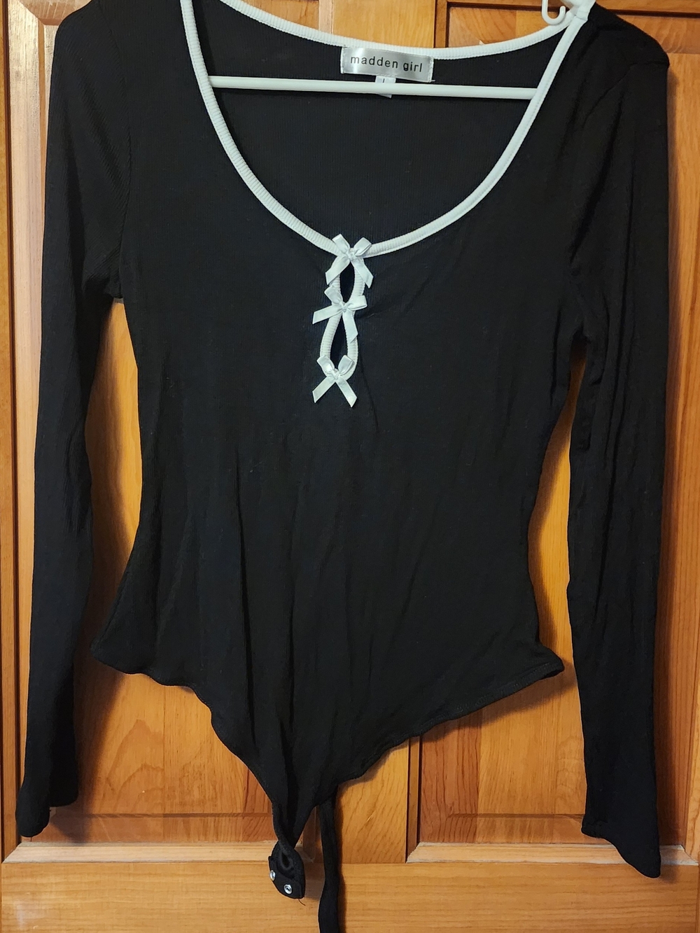 Madden Girl Black Long-Sleeve Bodysuit with White Trim